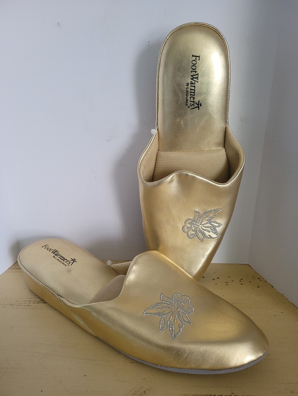 Foot Warmers By Laguna Shoes Gold Slip-On Women’s Slippers